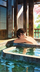 Wall Mural - traditional bathhouse with wooden tubs background vertical backdrop illustration anime cartoon