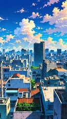 Wall Mural - urban rooftop with cityscape background vertical backdrop illustration anime cartoon