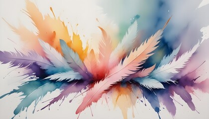 A watercolor painting of colorful feathers with a splash of color in the background. The feathers are delicate and ethereal, creating a sense of movement and lightness.