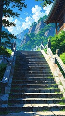 Canvas Print - quiet mountain temple with steps background vertical backdrop illustration anime cartoon