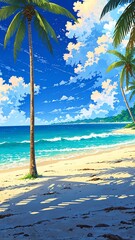 Wall Mural - serene beach with palm trees background vertical backdrop illustration anime cartoon