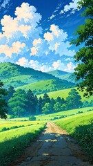 Canvas Print - serene countryside with rolling hills background vertical backdrop illustration anime cartoon