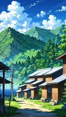 Wall Mural - serene mountain village with huts background vertical backdrop illustration anime cartoon