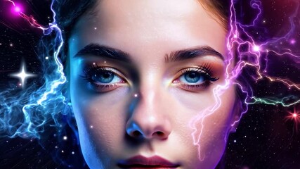 Aufkleber - A young woman with closed eyes stands peacefully, surrounded by swirling cosmic energy and vibrant colors in a dark, starry environment.