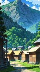 Wall Mural - serene mountain village with huts background vertical backdrop illustration anime cartoon