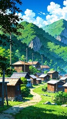 Canvas Print - serene mountain village with huts background vertical backdrop illustration anime cartoon