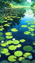 Canvas Print - serene river with lily pads background vertical backdrop illustration anime cartoon