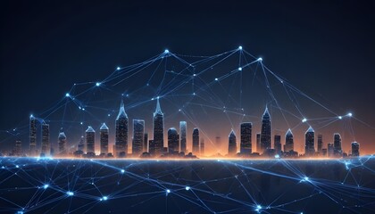 Sticker - A digital illustration of a cityscape with a network of glowing lines connecting the buildings, representing a smart city or a connected world.