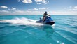 © abu - Jet ski speeding across crystal clear blue waters with a bright sky