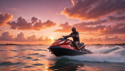 Poster - Person riding a jet ski at sunset with vibrant orange and pink skies
