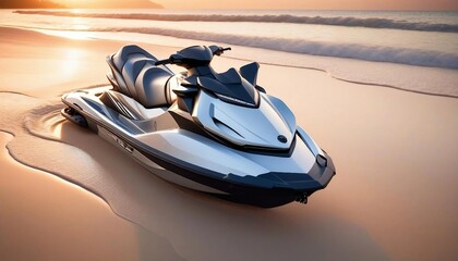 Poster - Person riding a jet ski at sunset with vibrant orange and pink skies
