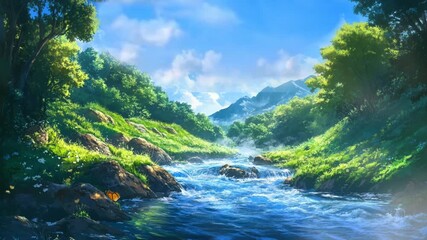 Wall Mural - cozy landscape with river and meadow grass, seamless video animation