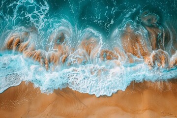 Photography shot, Spectacular top view from drone photo of beautiful beach with relaxing sunlight, sea water waves pounding the sand at the shore. Calmness and refreshing beach scenery.