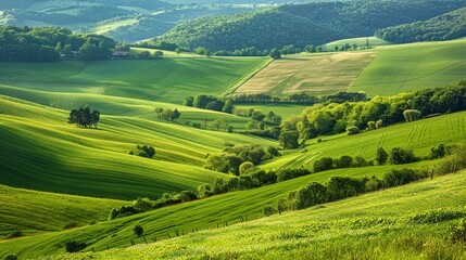 Vibrant agriculture landscape of lush green countryside with rolling hills in high quality image