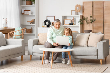 Wall Mural - Cute little girl with her granny using laptop at home