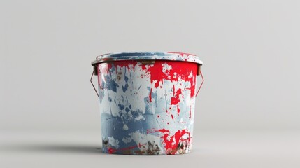 Poster - Painting supplies on a table with a red, white and blue paint bucket in the foreground