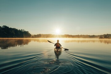 Tranquil lake scene with person kayaking on calm waters under the sun s reflection