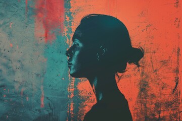 Poster - A woman stands against a colorful wall with red and blue hues