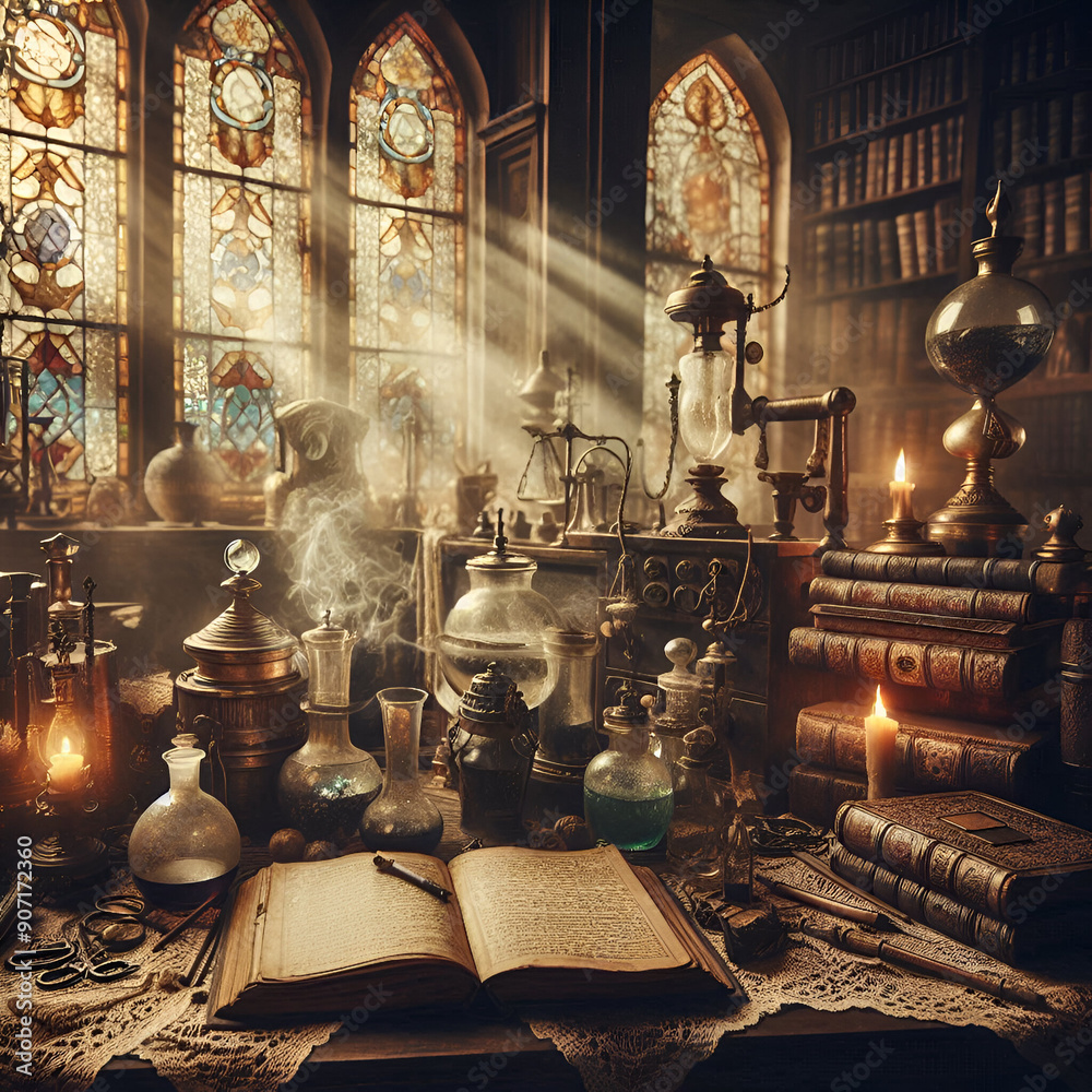 Steampunk Fantasy Wizard Sorcerer Alchemists Workshop Laboratory of Old ...
