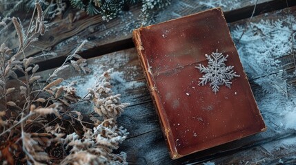 Wall Mural - Winter narrative Book on frosty timber backdrop