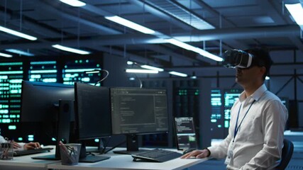 Poster - engineer wearing vr headset in data center installing software on computer, troubleshooting issues. 