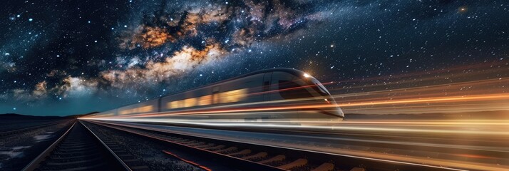 Sticker - Modern high speed train in motion under the starry night sky with the Milky Way Industrial scene featuring a blurred contemporary passenger train gliding down the railroad with a backdrop o