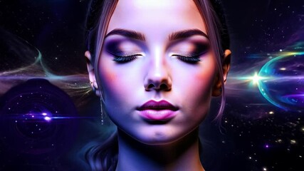 Poster - A serene woman with closed eyes is immersed in a cosmic atmosphere filled with vibrant colors and celestial elements.