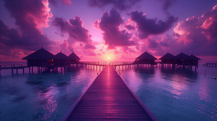 Wall Mural - Wooden bridge under stunning dramatic sky in Maldives