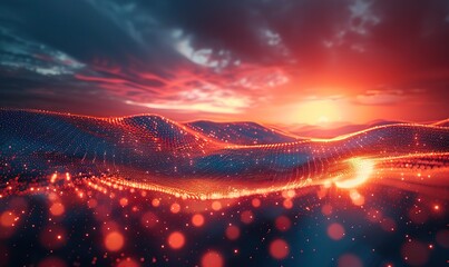 A surreal sunset over a grid-like virtual landscape merges elements of reality and cyberspace, representing the metaverse and digital fusion.