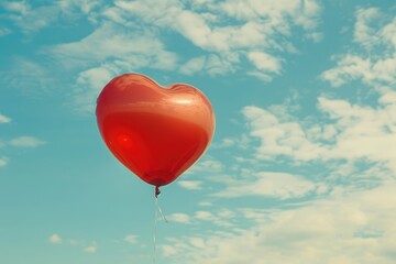 Poster - A red heart-shaped balloon floating in the clear blue sky, perfect for romantic or celebratory scenes