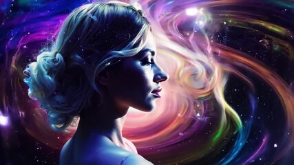Poster - A woman gazes into the cosmos, illuminated by vibrant swirls of color and starlight, creating a dreamy, ethereal atmosphere.