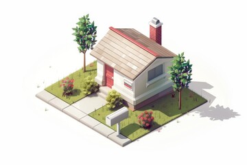 Aufkleber - A small white house with a distinctive red roof, suitable for use in scenes about cozy homes or rural settings