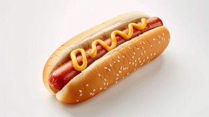 Wall Mural - A hot dog with mustard and sesame seeds on a bun