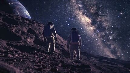 Wall Mural - two astronauts stand in awe of a giant, blue, alien creature on a distant planet, with a ringed gas 