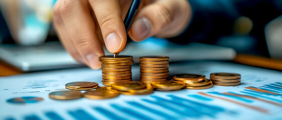 A person managing finances by stacking coins over financial reports, reflecting money management and investment strategies.