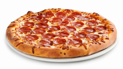 Wall Mural - A large pepperoni pizza sits on a white plate