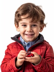 Smiling young boy holds a small red toy car, wearing a red jacket with a hood. This happy child is enjoying his toy. 