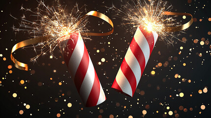 3D illustration of two striped red and white lit firecrackers with golden ribbons flying in the air