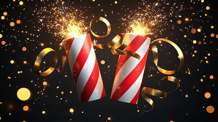 3D illustration of two striped red and white lit firecrackers with golden ribbons flying in the air