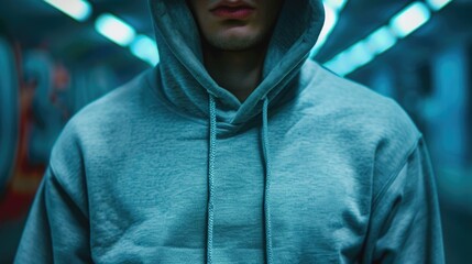 Poster - A person in a hooded sweatshirt waits on the platform of a subway station