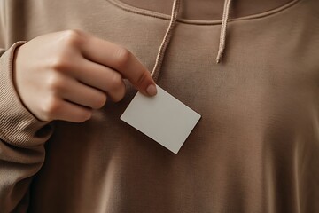 Wall Mural - Close-up of a hand holding a blank white card in front of a brown hoodie.