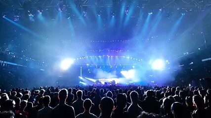 Poster - Excited crowd gathers in a large arena, enjoying an energetic concert with stunning light effects illuminating the atmosphere.