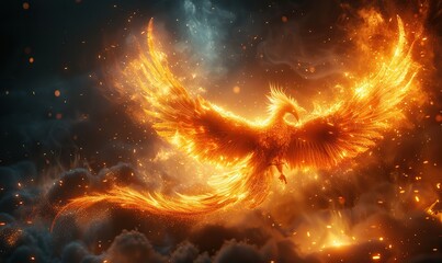 Wall Mural - a fire bird phoenix rises from the ashes against a dark backdrop, symbolizing rebirth and renewal.