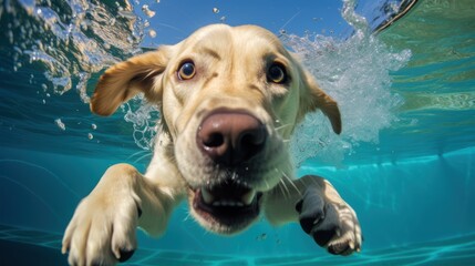 Wall Mural - Funny underwater picture of puppies in swimming pool playing deep dive action training game with family pets and popular dog breeds during summer holidays. recreation, relax, generate by AI