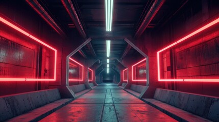 Poster - A long corridor with red neon lights, perfect for adding ambiance to your project