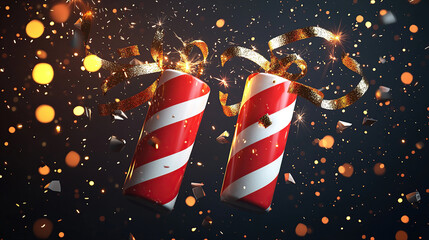 3D illustration of two striped red and white lit firecrackers with golden ribbons flying in the air