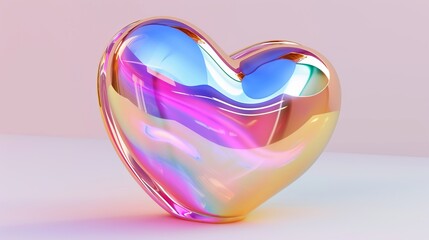 Chrome heart in style holographic liquid. Glossy pastel iridescent heart on pink background. Valentine's Day card