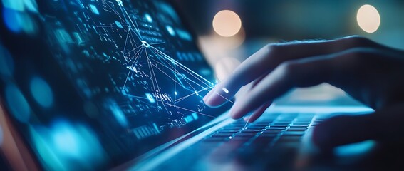 Close-up of hands typing on a laptop with glowing blue digital network graphics on screen.