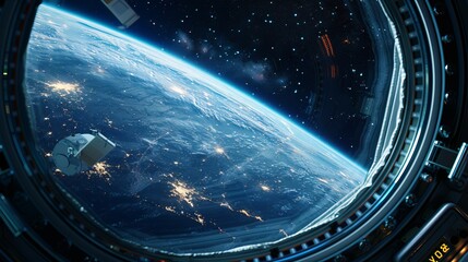 Wall Mural - spaceship futuristic interior with view on planet earth