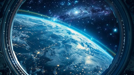 Wall Mural - spaceship futuristic interior with view on planet earth